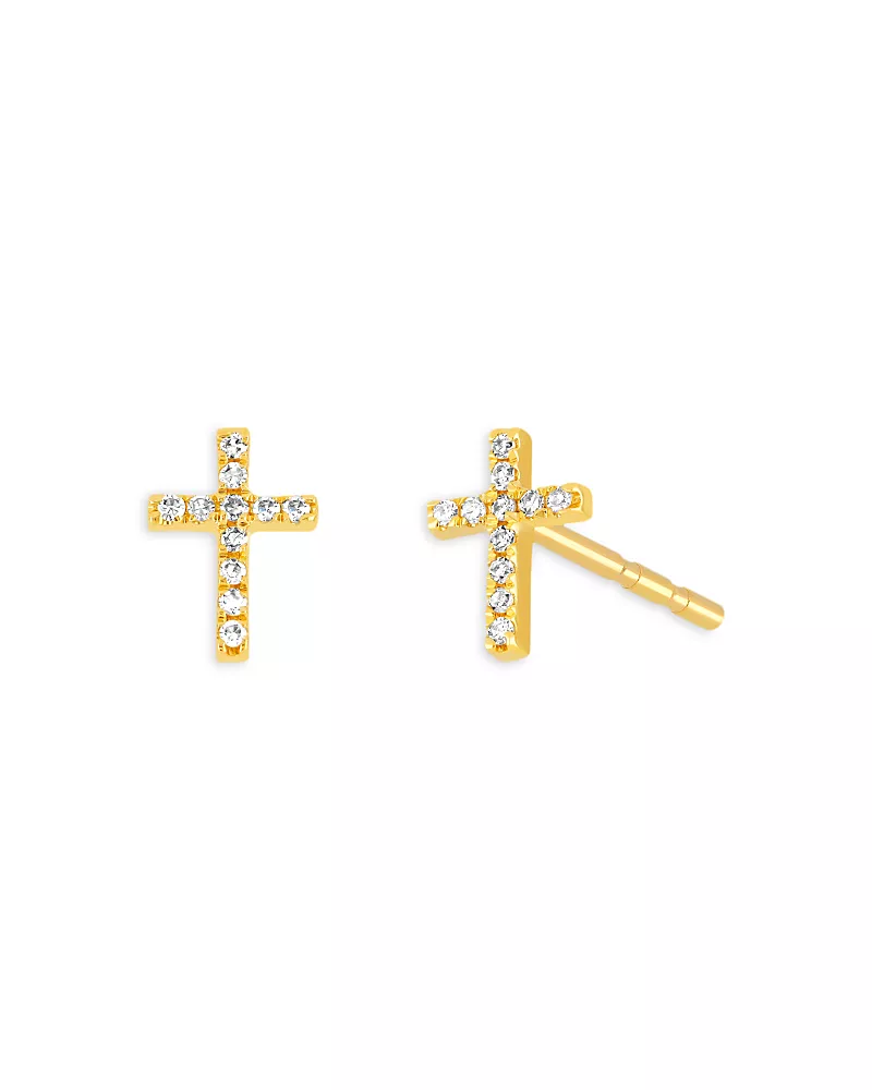 Ef Collection 14K Yellow Gold Diamond Baby Cross Stud Earrings