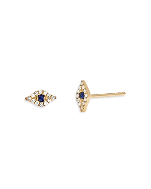 Ef Collection 14k Yellow Gold Mini Diamond & Blue Sapphire Evil Eye Stud Earrings In Gold