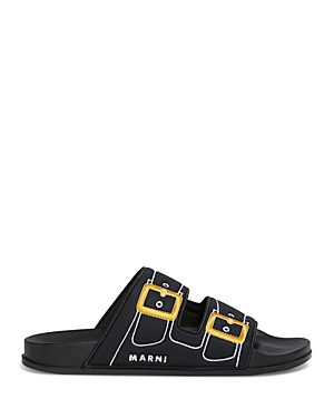 Shop Marni Men's Embroidered Slip On Slide Sandals In Black