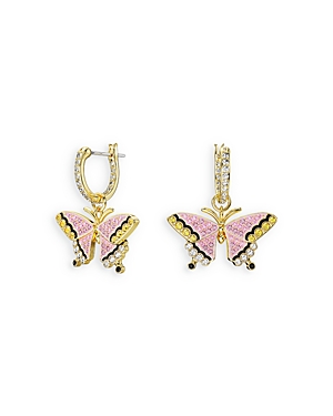 Shop Swarovski Idyllia Crystal Butterfly Dangle Hoop Earrings In Pink/gold