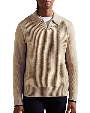 Shop Ted Baker Open Collar Ribbed Polo Sweater In Taupe