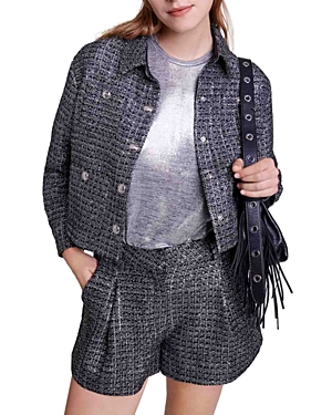 Maje Vimex Tweed Crop Jacket In Silver