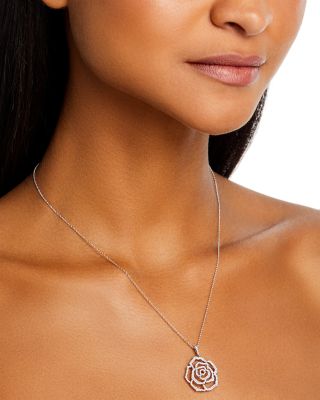 Diamond Rose Flower Pendant Necklace in 14K White Gold, 0.50 tcw