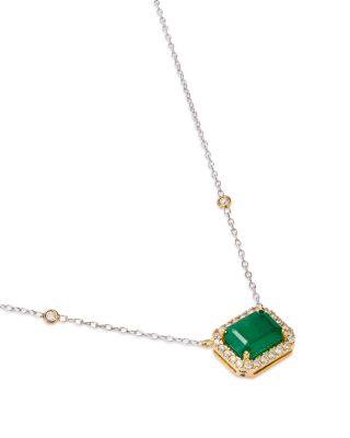 Emerald & Diamond Halo Pendant Necklace in 14K White & Yellow Gold