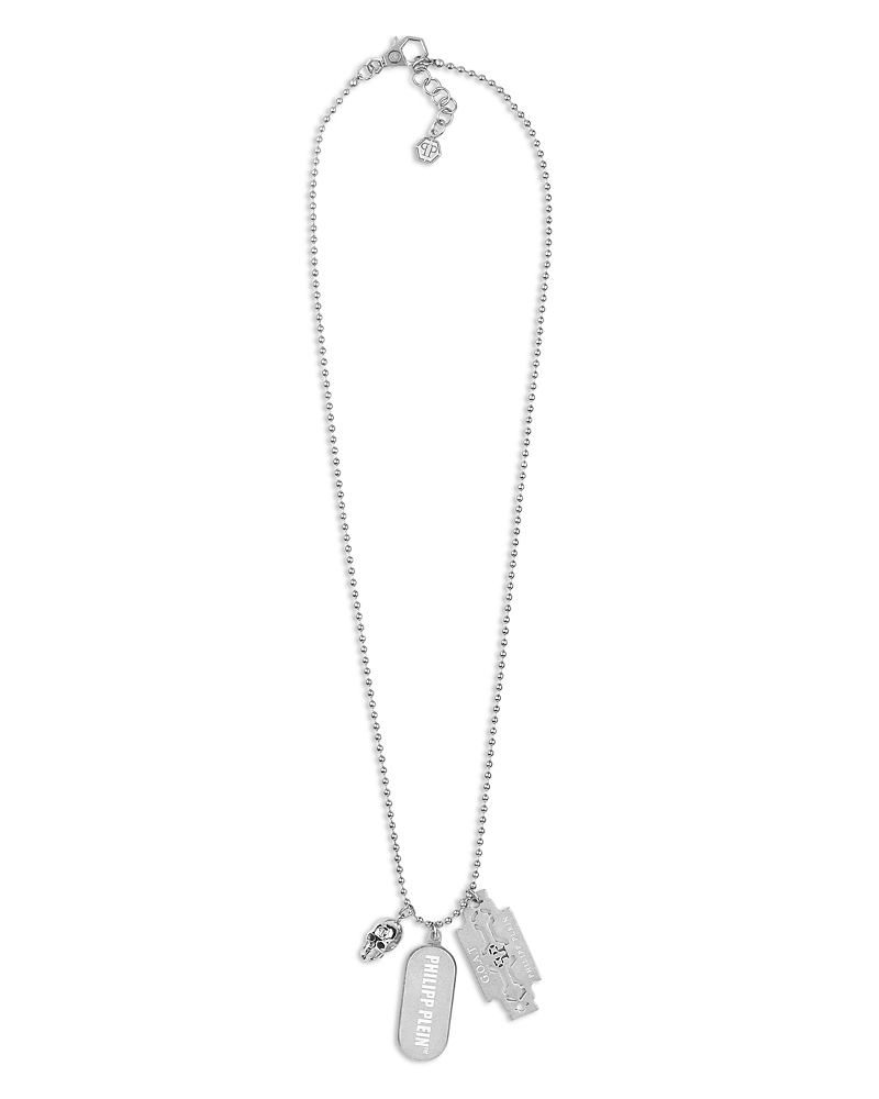 Philipp Plein Stainless Steel Logo Tag Multi-charm Pendant Necklace, 29-1/3" + 2-3/4" Extender In Silver