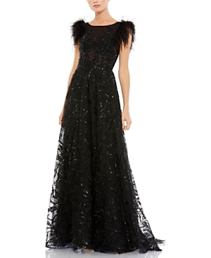 Shop Mac Duggal Embellished Feather Cap Sleeve Bateau A-line Gown In Black