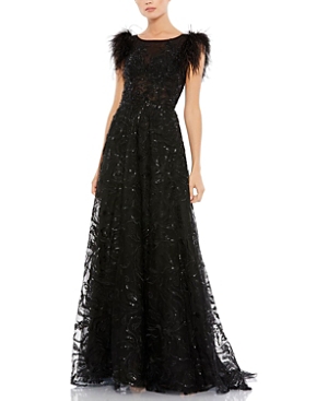 MAC DUGGAL EMBELLISHED FEATHER CAP SLEEVE BATEAU A-LINE GOWN