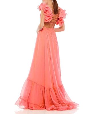 Ruffle Tiered Cut-Out Chiffon Gown
