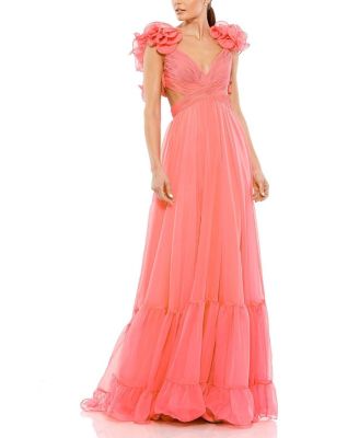 Ruffle Tiered Cut-Out Chiffon Gown