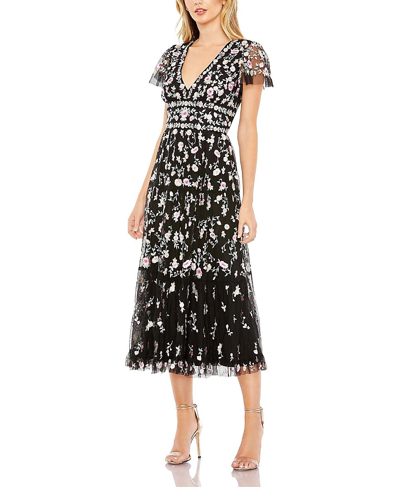 Mac Duggal Embroidered V Neck Cap Sleeve Midi Dress