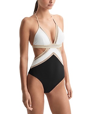 Reiss Savannah Cutout Stitch Detail One Piece Swimsuit In Black/white