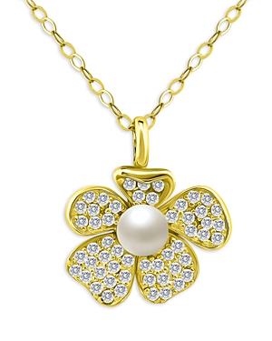 Aqua Cultured Freshwater Pearl Flower Pendant Necklace In 18k Gold Over Sterling Silver, 16 - 100% Exclus In White/gold