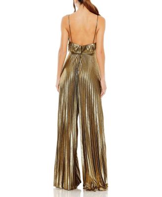 Metallic Pleated V-Neck Jumpsuit