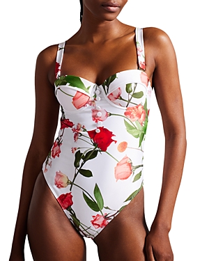 Ted Baker Floral Cupped One Piece Swimsuit In White