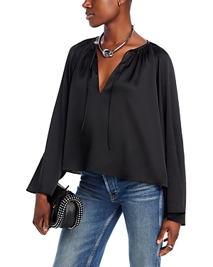 Frame Shirred V-neck Blouse In Black