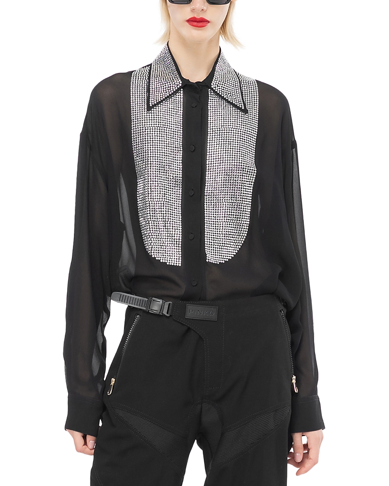 Pinko Rhinestone-embellished Georgette Shirt In Limo Black