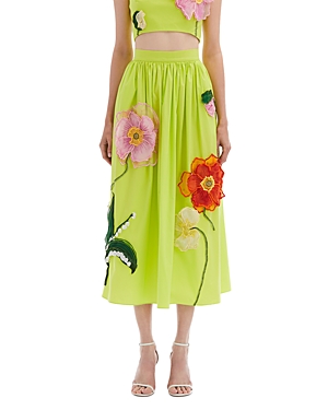 Shop Oscar De La Renta Painted Poppies Embroidered Skirt In Neon Yellow