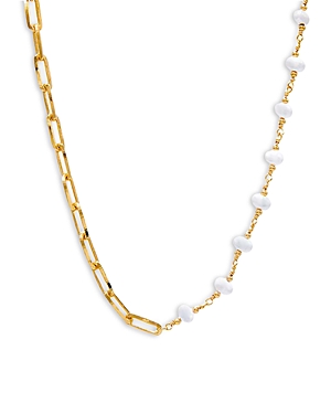 By Adina Eden Imitation Pearl & Paperclip Chain Asymmetrical Necklace In 14k Gold Plated, 14-15.5 In Gold/white