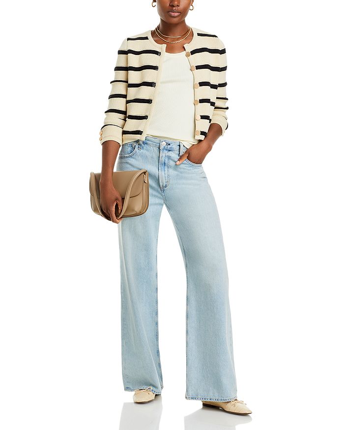 Shop French Connection Marloe Stripe Crewneck Cropped Cardigan In Classic Cream/black