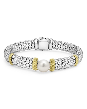 Shop Lagos 18k Yellow Gold & Sterling Silver Luna Cultured Freshwater Pearl Caviar Bead Bracelet In White/silver