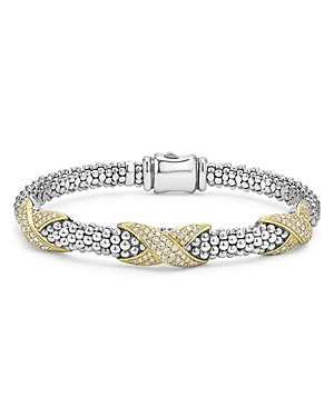 Shop Lagos 18k Yellow Gold & Sterling Silver Embrace Diamond Pave X Station Caviar Bead Bracelet In Silver/gold