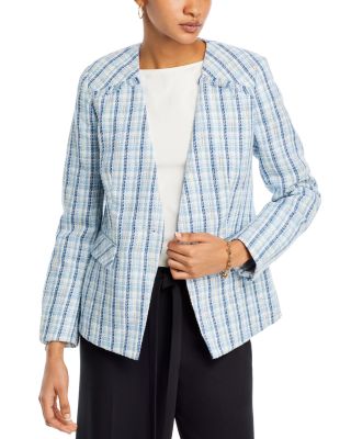 T Tahari Tweed V Neck Collarless Blazer
