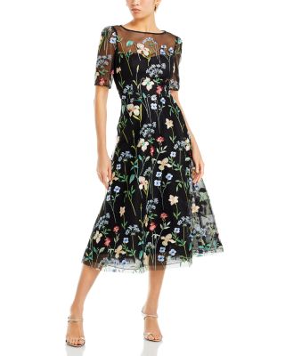 Teri Jon by Rickie Freeman - Floral Embroidered Tulle Midi Dress