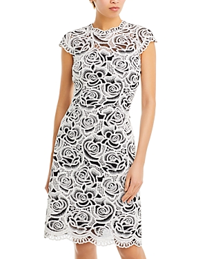 Teri Jon By Rickie Freeman Scroll Floral Lace Sheath Dress In Black White