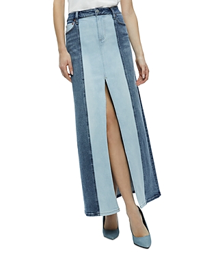 Shop Alice And Olivia Rye Two Tone Maxi Denim Skirt In Blue Vintage