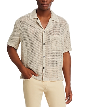 Shop Frame Linen Open Weave Short Sleeve Regular Fit Shirt In Smoke Beige
