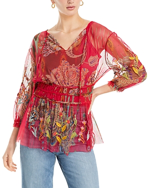 Johnny Was Feather Lark Embroidered Mesh Blouse
