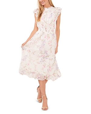 Cece Floral Clip Dot Smocked Ruffle Midi Dress In New Ivory