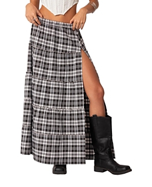 Edikted Women's Plaid Side Slit Tiered Maxi Skirt In Black And White