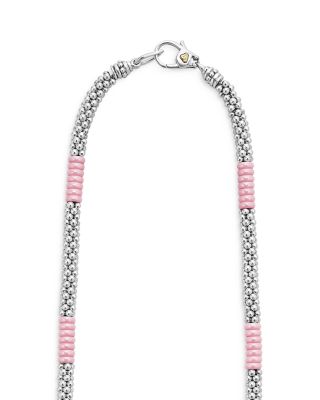 Sterling Silver Pink Caviar Pink Ceramic Bead Station Necklace, 18"