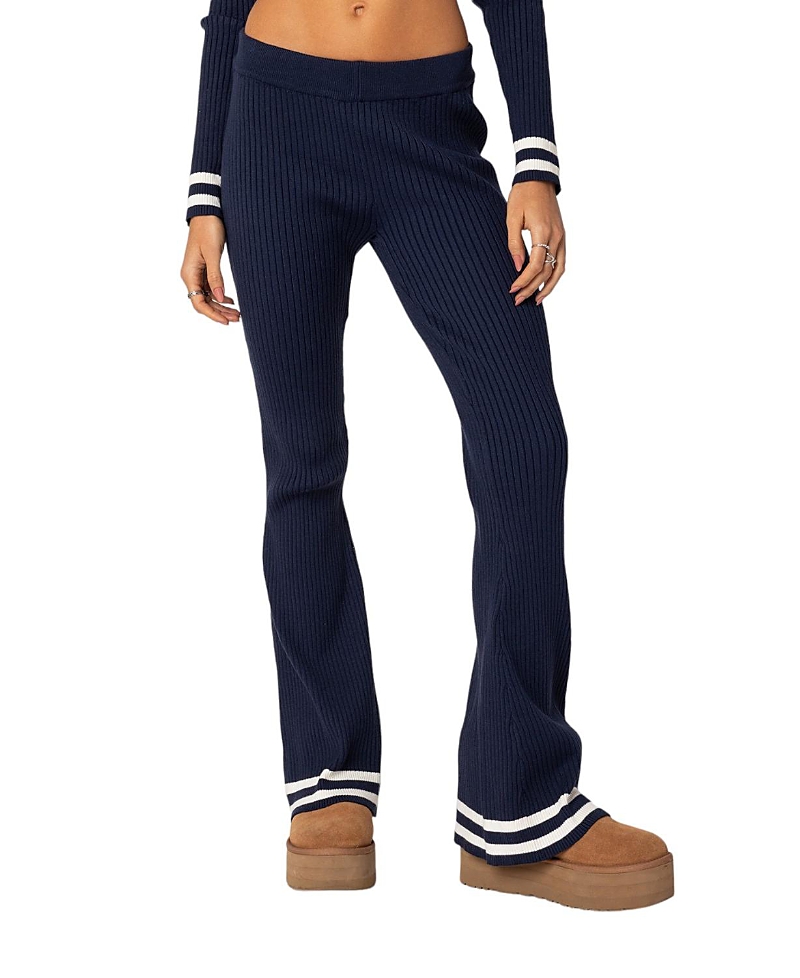 Edikted Pluto Stripe Rib Stitch Flare Pants In Navy