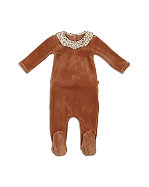 Maniere Floral Collar Cotton Blend Velour Footie In Caramel