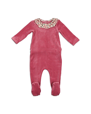 Maniere Floral Collar Cotton Blend Velour Footie In Fuschia
