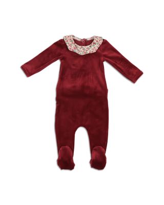 Maniere Manière Floral Print Collar Velour Footie In Ruby