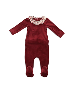 Maniere Manière Floral Print Collar Velour Footie In Ruby