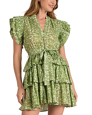 Shop Elan Cotton Tiered Floral Dress In Green Santa Fe