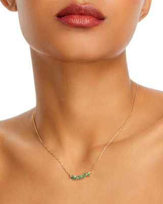 Emerald & Diamond Curved Bar Necklace in 14K Yellow Gold