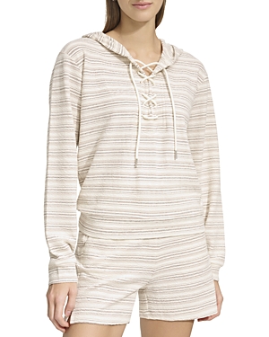 Shop Marc New York Heritage Striped Lace Up Hoodie In Oatmeal