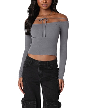 Edikted Jane Tie Front Off The Shoulder Long Sleeve Crop Top In Gray