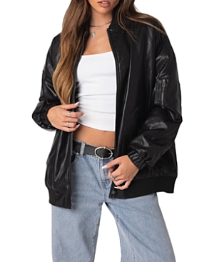 Shop Edikted Faux Leather Oversized Bomber Jacket In Black