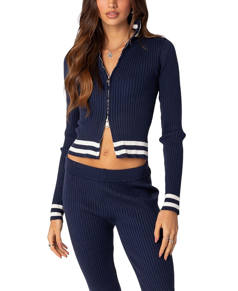 Edikted Pluto Rib Zip Cardigan In Navy