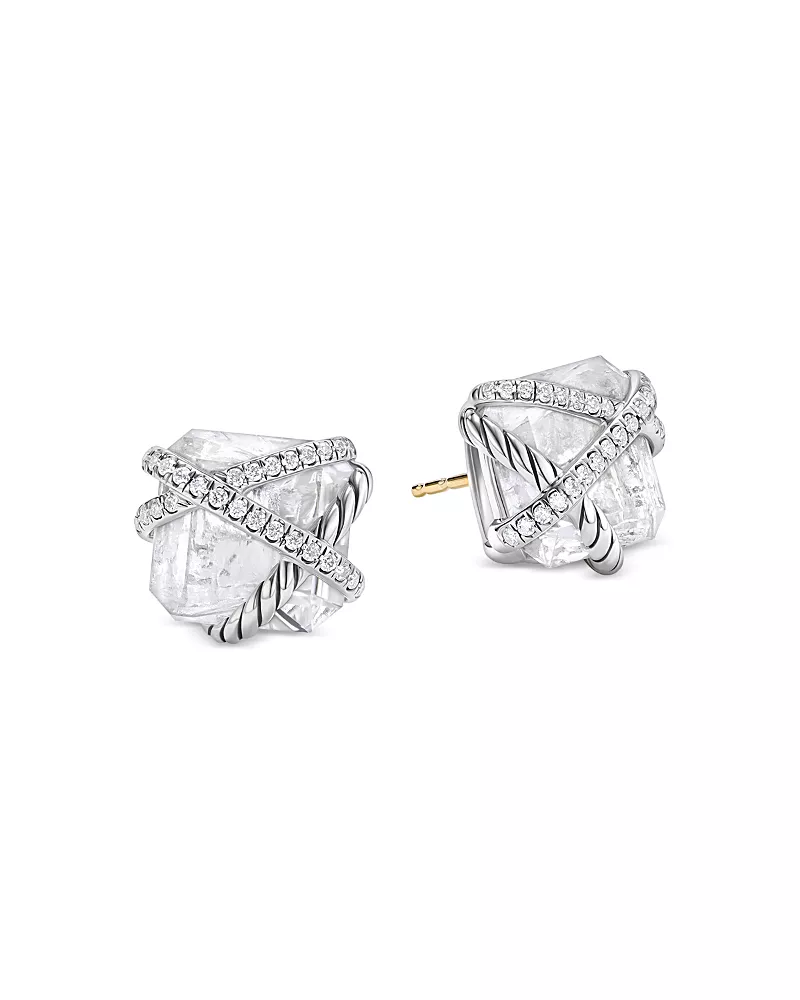 David Yurman Cable Wrap Stud Earrings in Sterling Silver with Crystals & Diamonds, 0.33 tcw