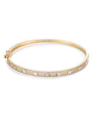 Diamond Round & Baguette Bangle Bracelet in 14K Yellow Gold, 1.0 tcw 