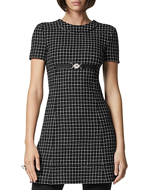 Shop Versace Checked Tweed Mini Dress In Black/white