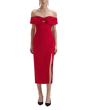 Shop Self-portrait Bow Crepe Off The Shoulder Midi Dress In Red