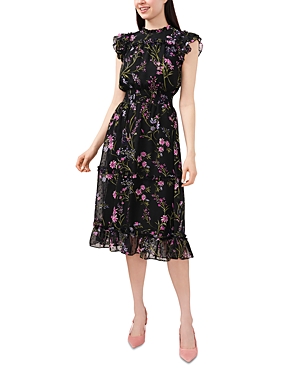 Shop Cece Floral Flutter Sleeve Midi Dress In Rich Black